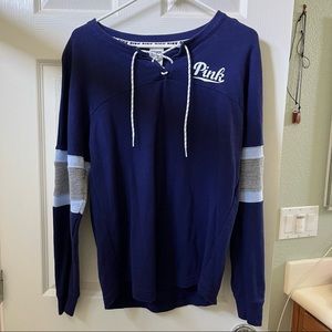 VS pink lace up varsity crewneck long sleeve